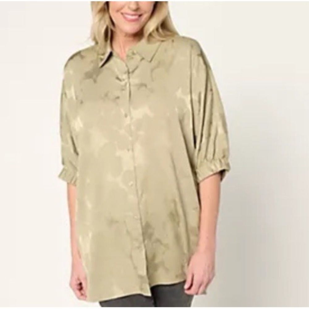 LOGO Lori Goldstein Womens M Green Floral Jacquard Button Front Tunic Boho Shirt